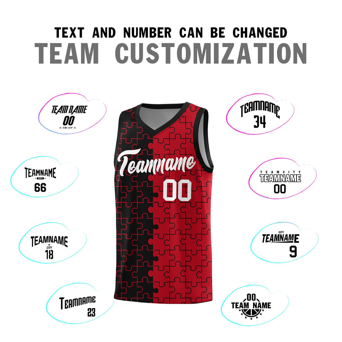 Custom Black Red Splid Basketball Kits With Puzzle Pattern