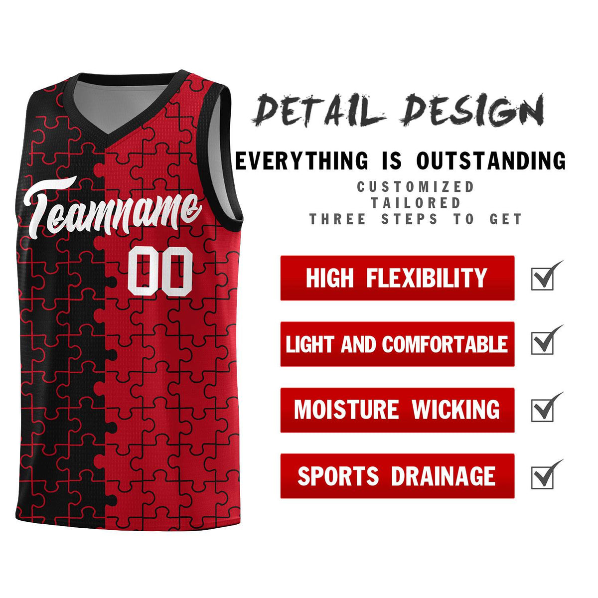 Custom Black Red Splid Basketball Kits With Puzzle Pattern
