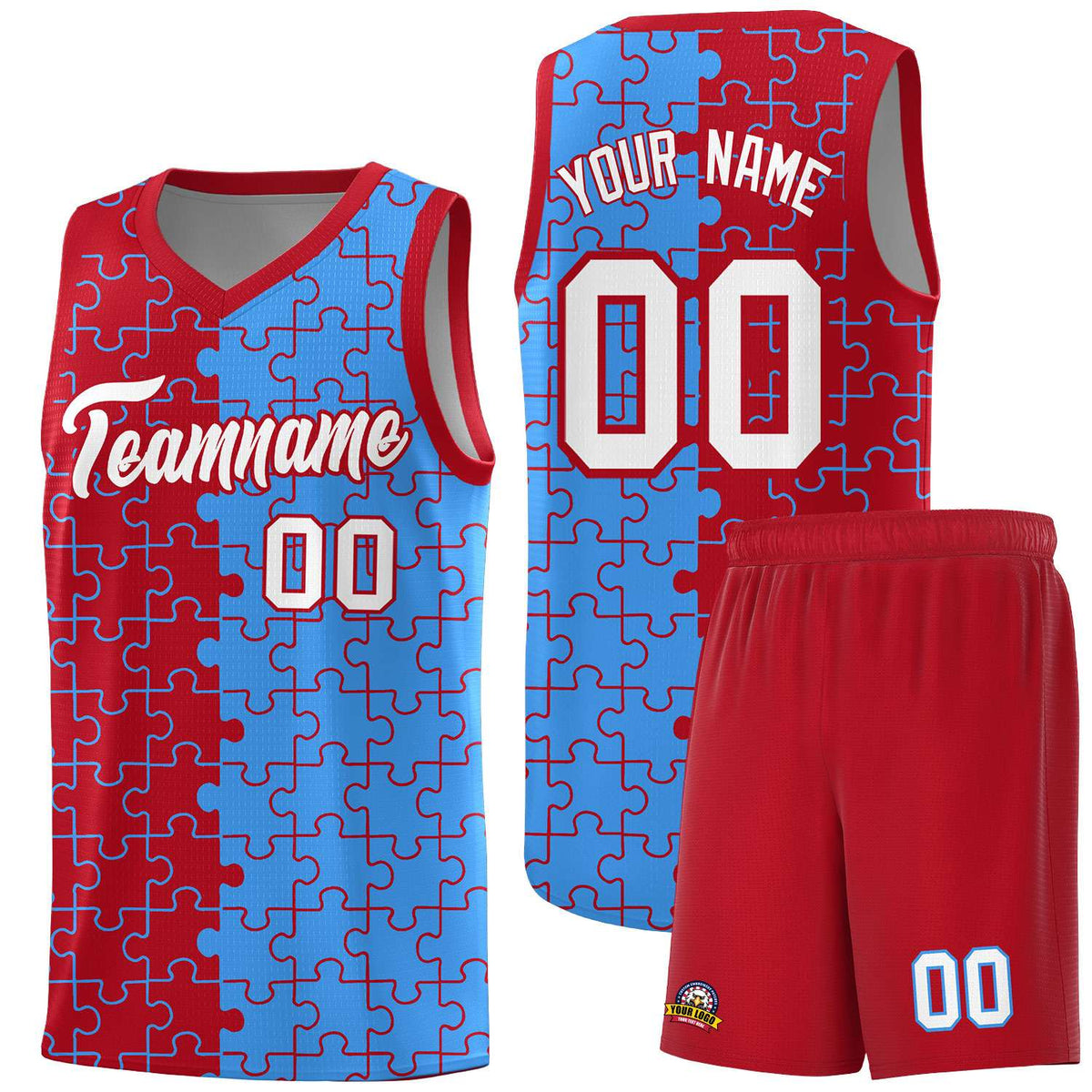Custom Red Light Blue Splid Basketball Kits With Puzzle Pattern