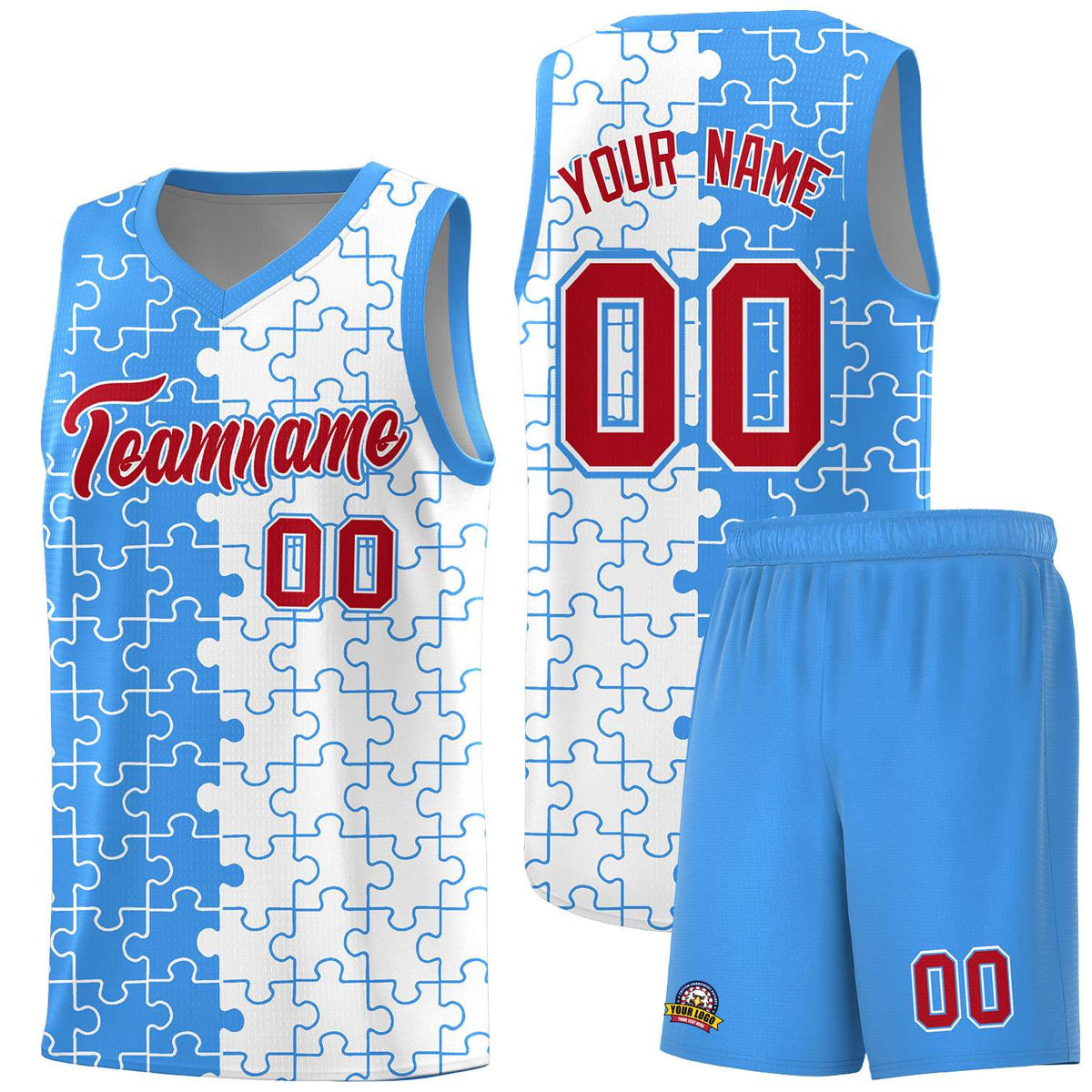 Custom Light Blue White Splid Basketball Kits With Puzzle Pattern