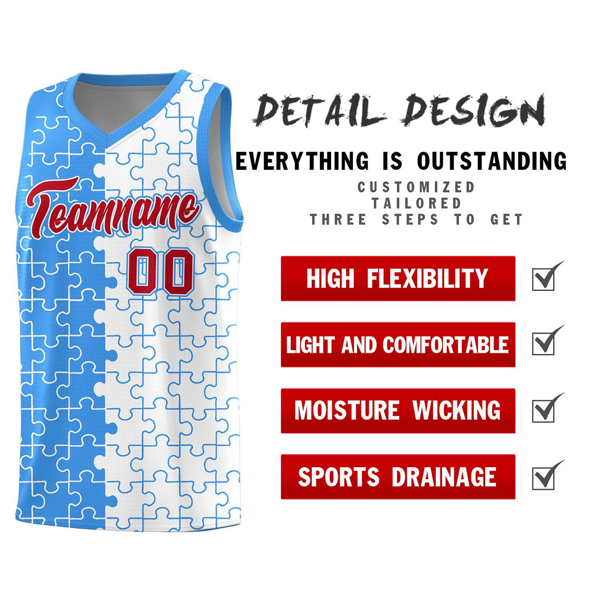 Custom Light Blue White Splid Basketball Kits With Puzzle Pattern