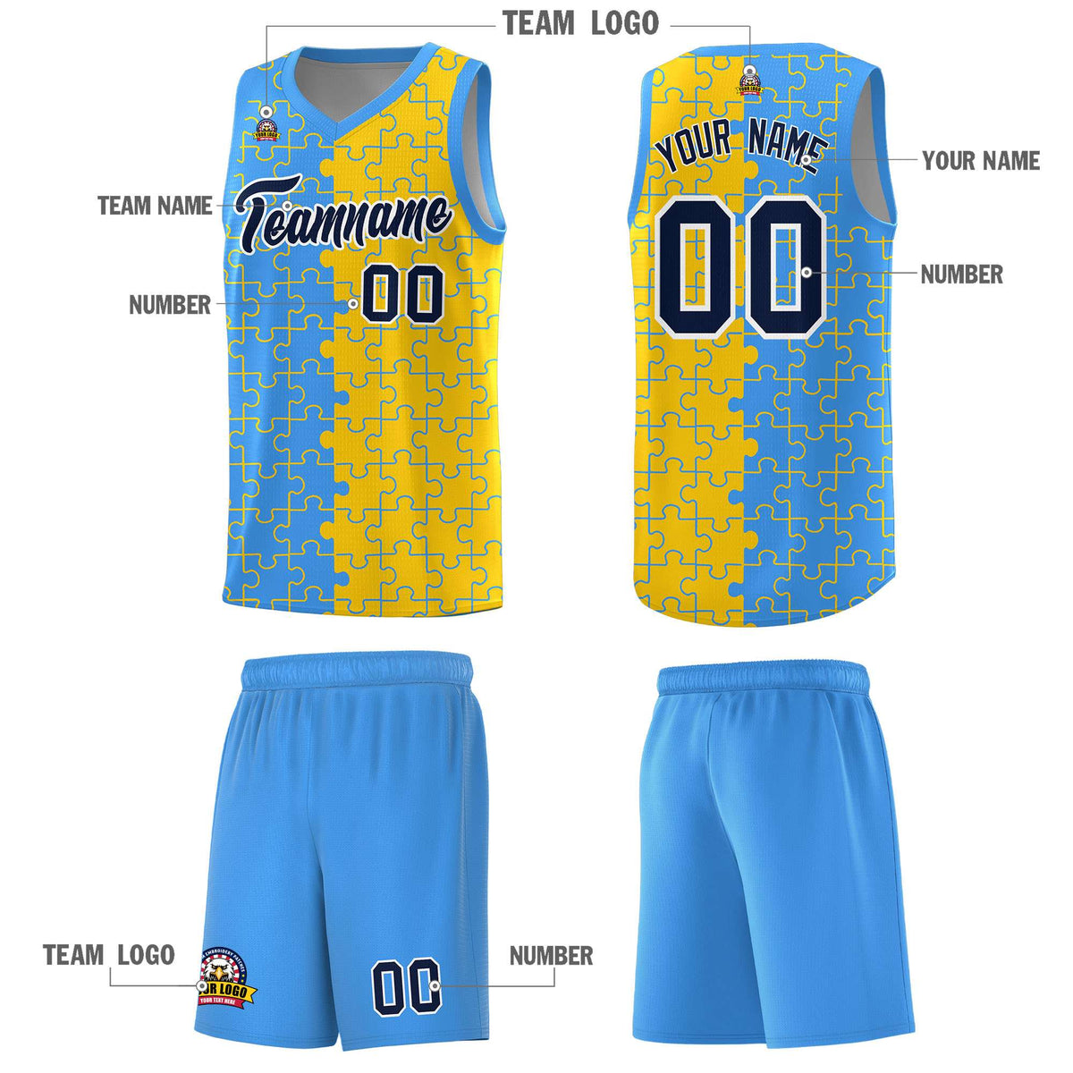Custom Light Blue Gold Splid Basketball Kits With Puzzle Pattern