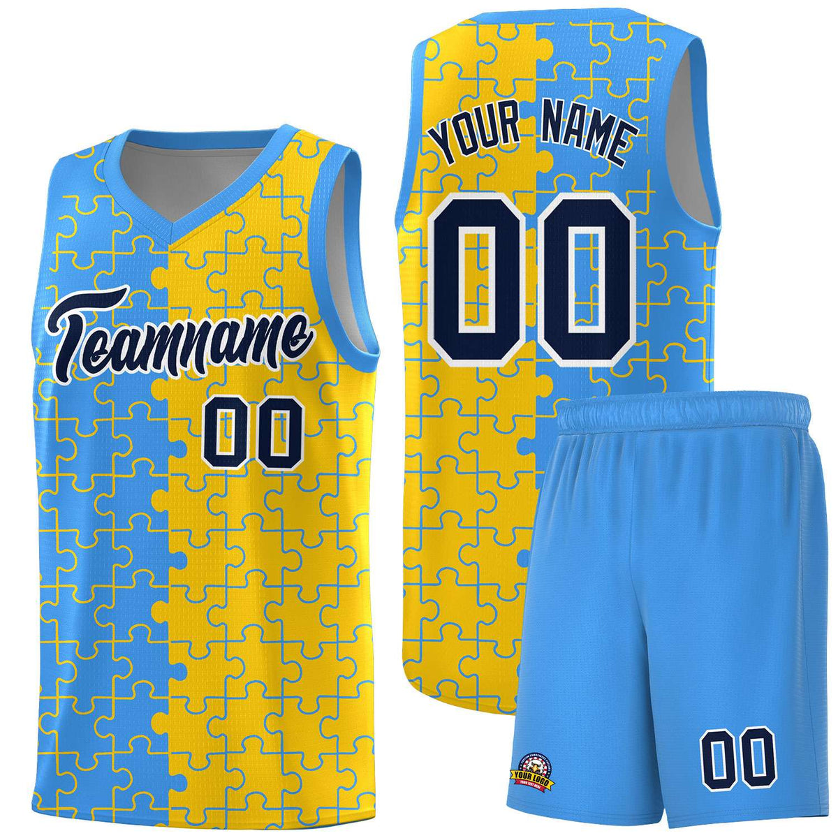 Custom Light Blue Gold Splid Basketball Kits With Puzzle Pattern