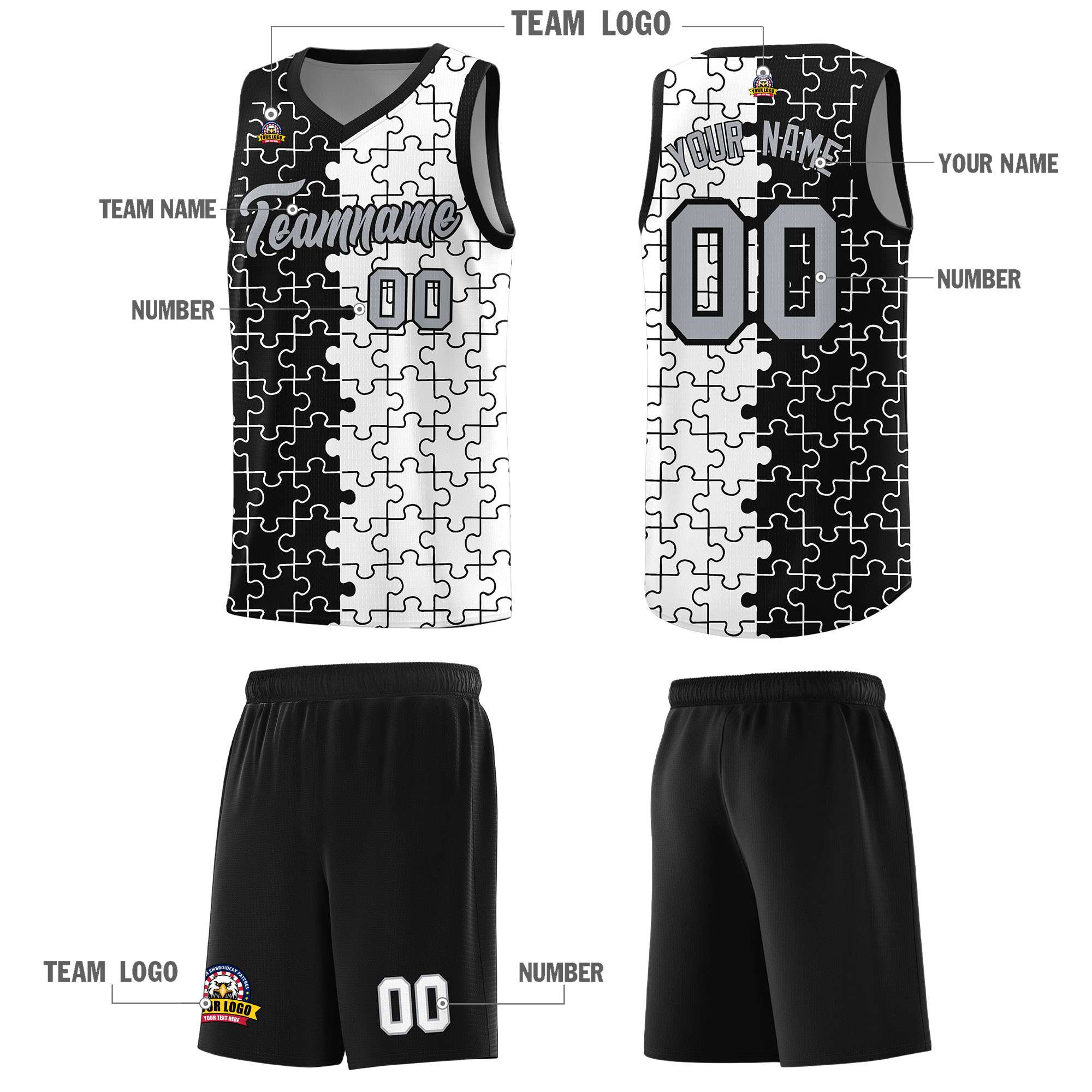 Custom Black White Splid Basketball Kits With Puzzle Pattern