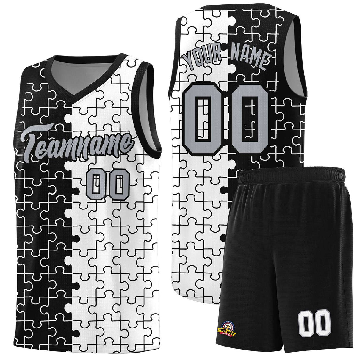 Custom Black White Splid Basketball Kits With Puzzle Pattern