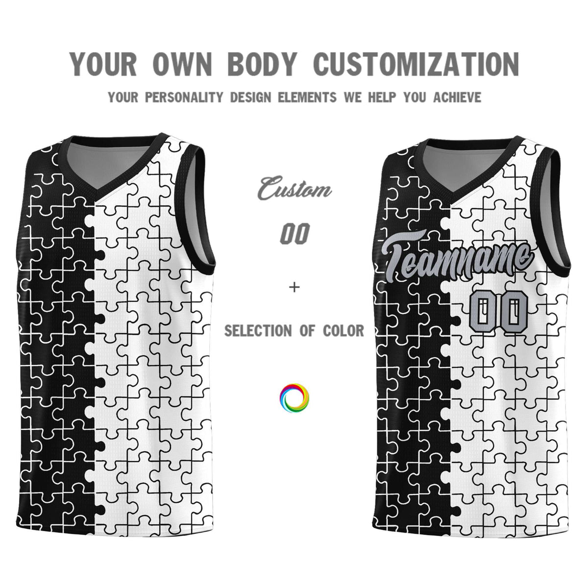 Custom Black White Splid Basketball Kits With Puzzle Pattern