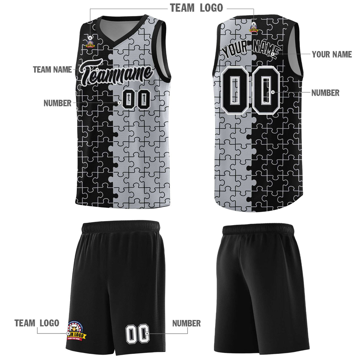 Custom Black Gray Splid Basketball Kits With Puzzle Pattern