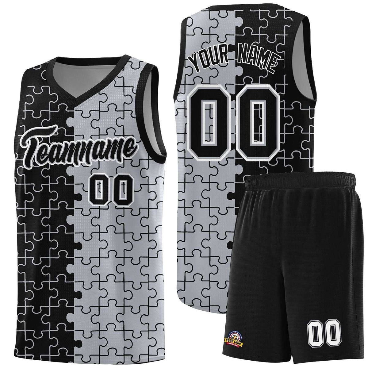 Custom Black Gray Splid Basketball Kits With Puzzle Pattern