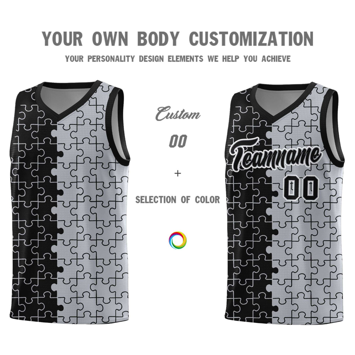 Custom Black Gray Splid Basketball Kits With Puzzle Pattern