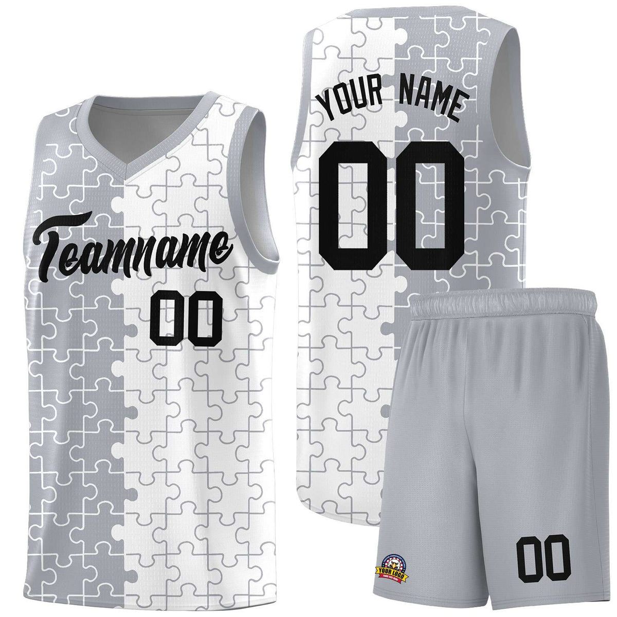 Custom Gray White Splid Basketball Kits With Puzzle Pattern