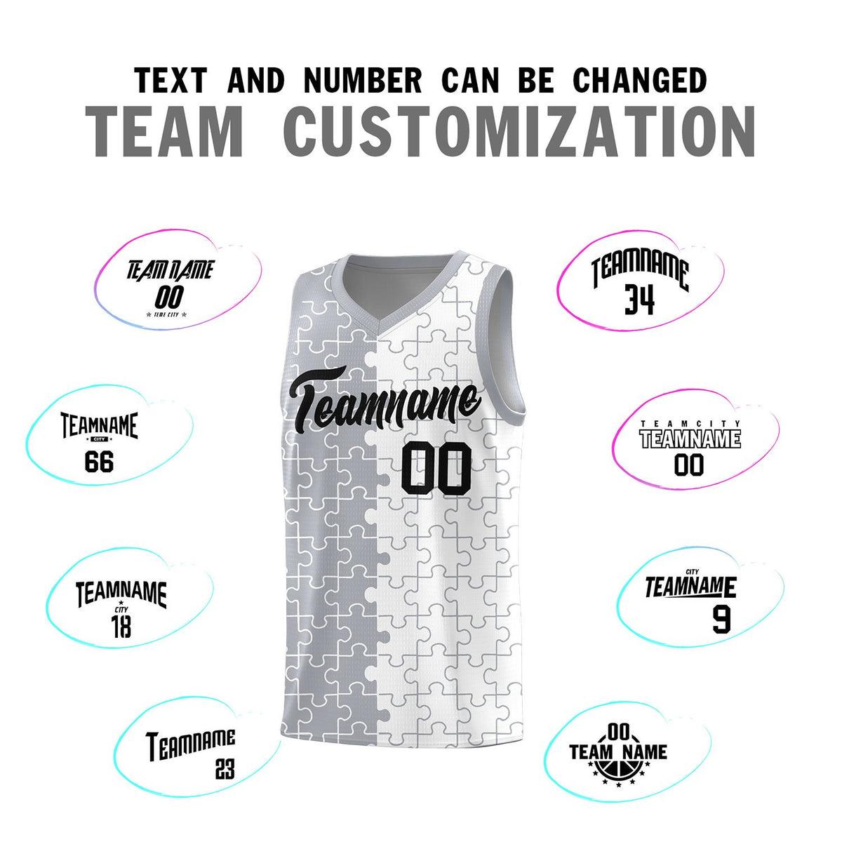 Custom Gray White Splid Basketball Kits With Puzzle Pattern