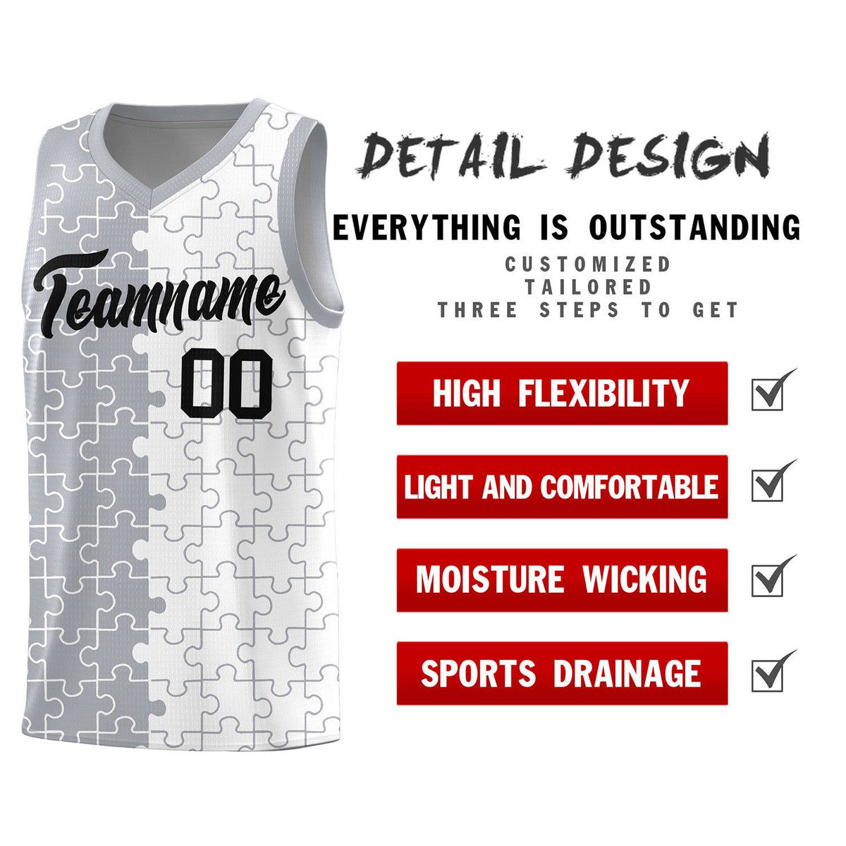 Custom Gray White Splid Basketball Kits With Puzzle Pattern