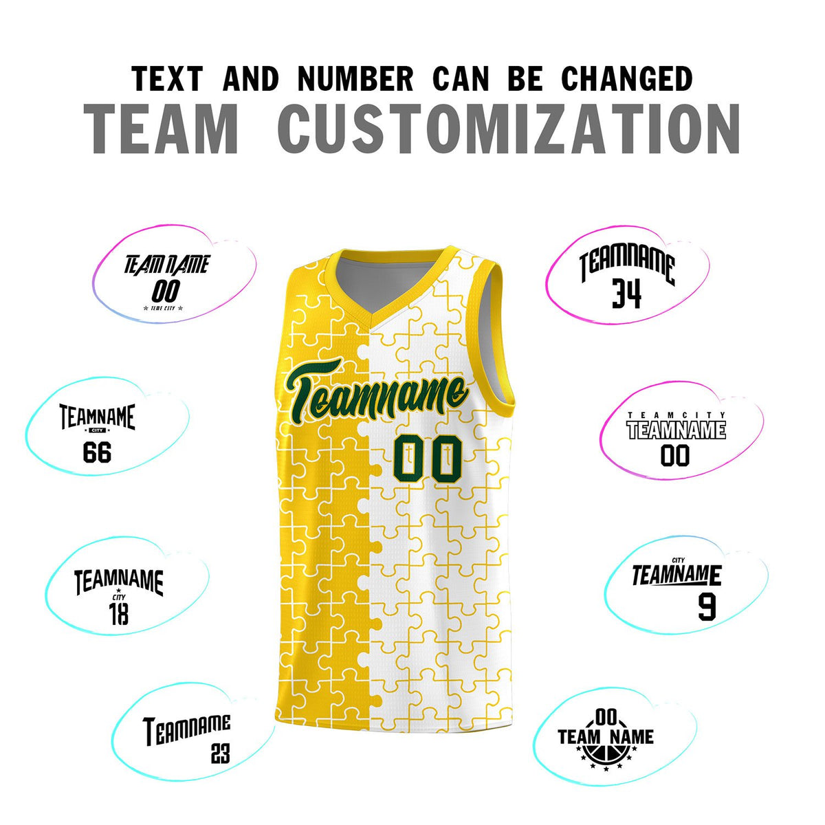 Custom Gold White Splid Basketball Kits With Puzzle Pattern