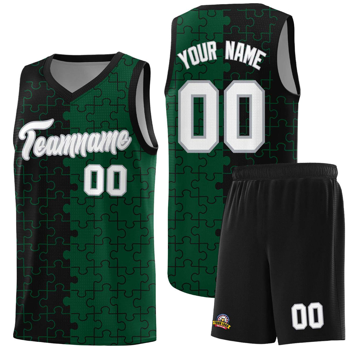 Custom Black Green Splid Basketball Kits With Puzzle Pattern