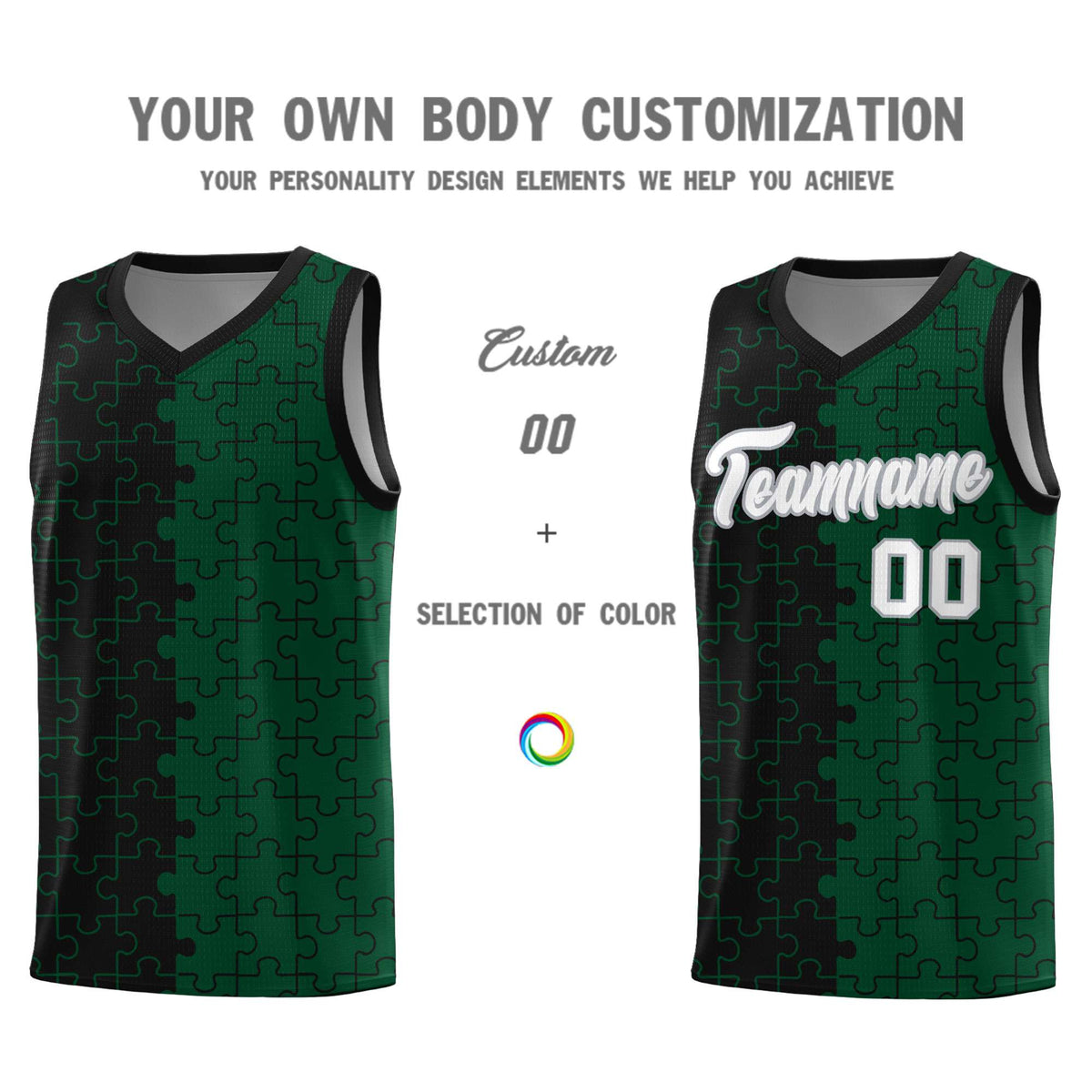 Custom Black Green Splid Basketball Kits With Puzzle Pattern