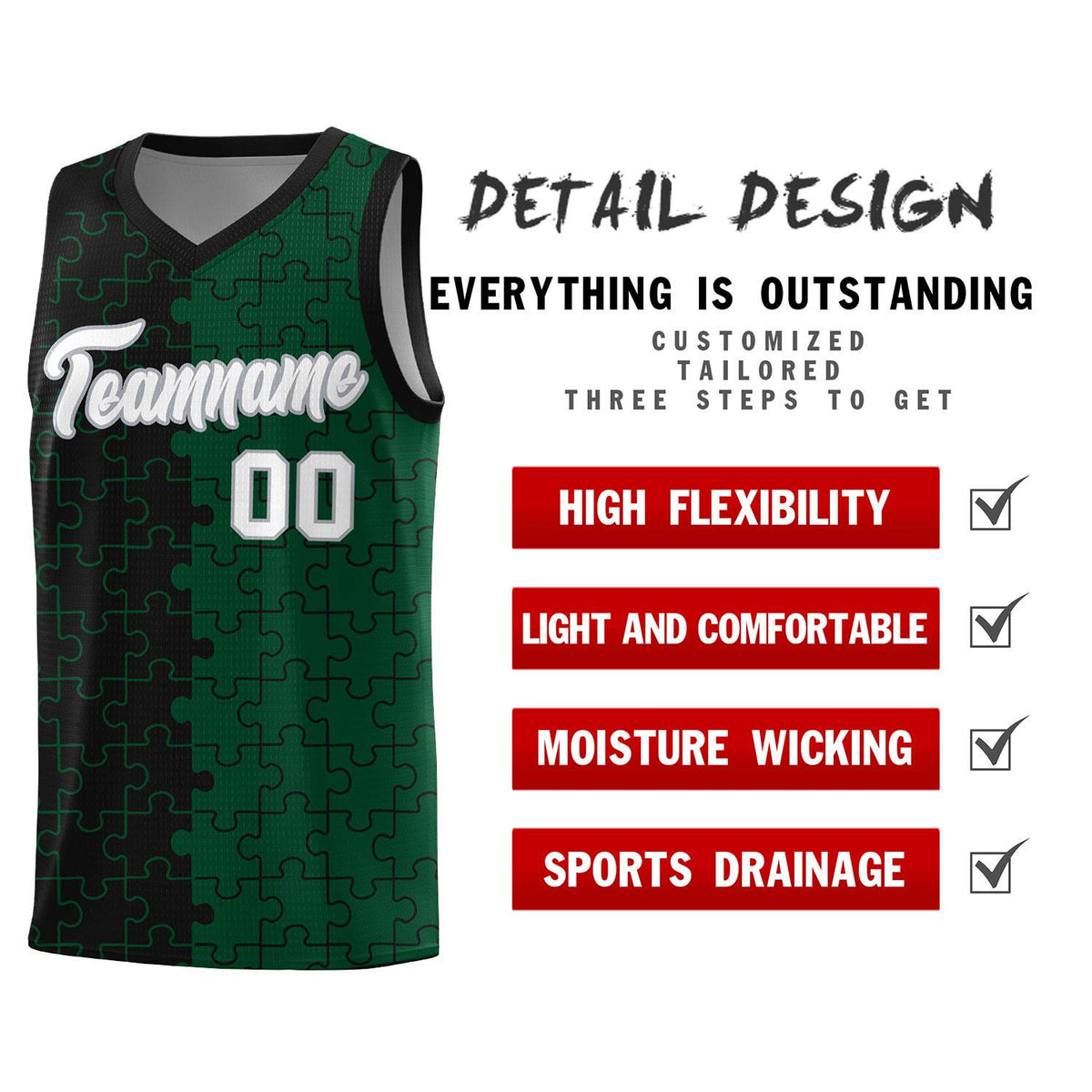 Custom Black Green Splid Basketball Kits With Puzzle Pattern