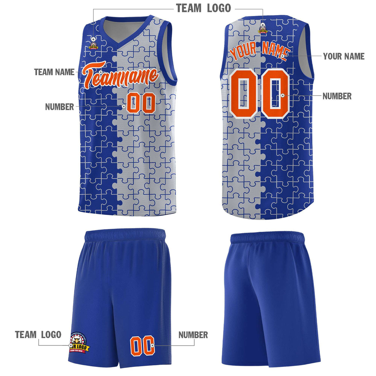 Custom Royal Gray Splid Basketball Kits With Puzzle Pattern