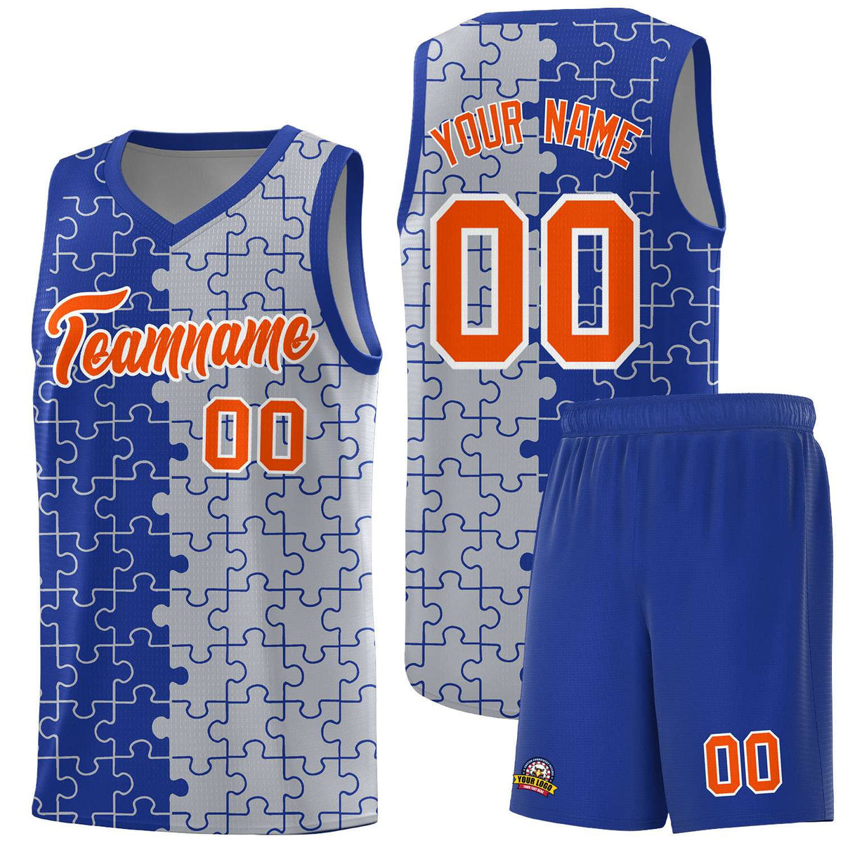 Custom Royal Gray Splid Basketball Kits With Puzzle Pattern