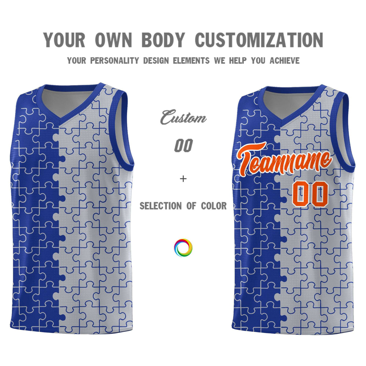 Custom Royal Gray Splid Basketball Kits With Puzzle Pattern