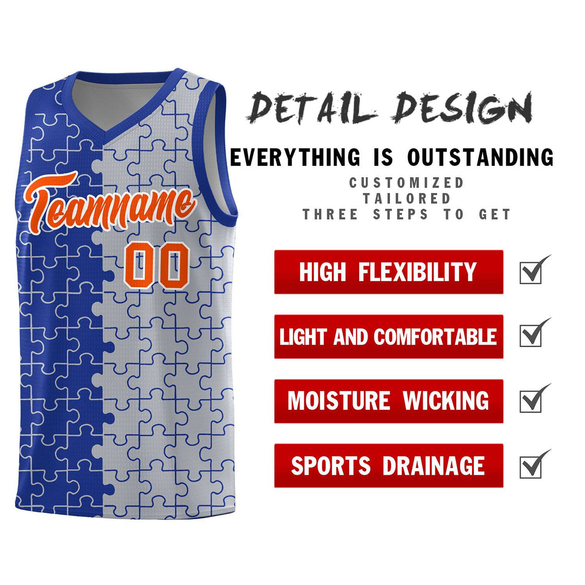 Custom Royal Gray Splid Basketball Kits With Puzzle Pattern
