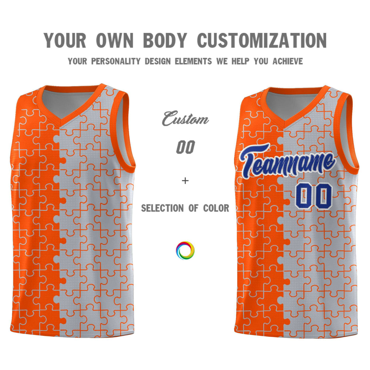 Custom Orange Gray Splid Basketball Kits With Puzzle Pattern
