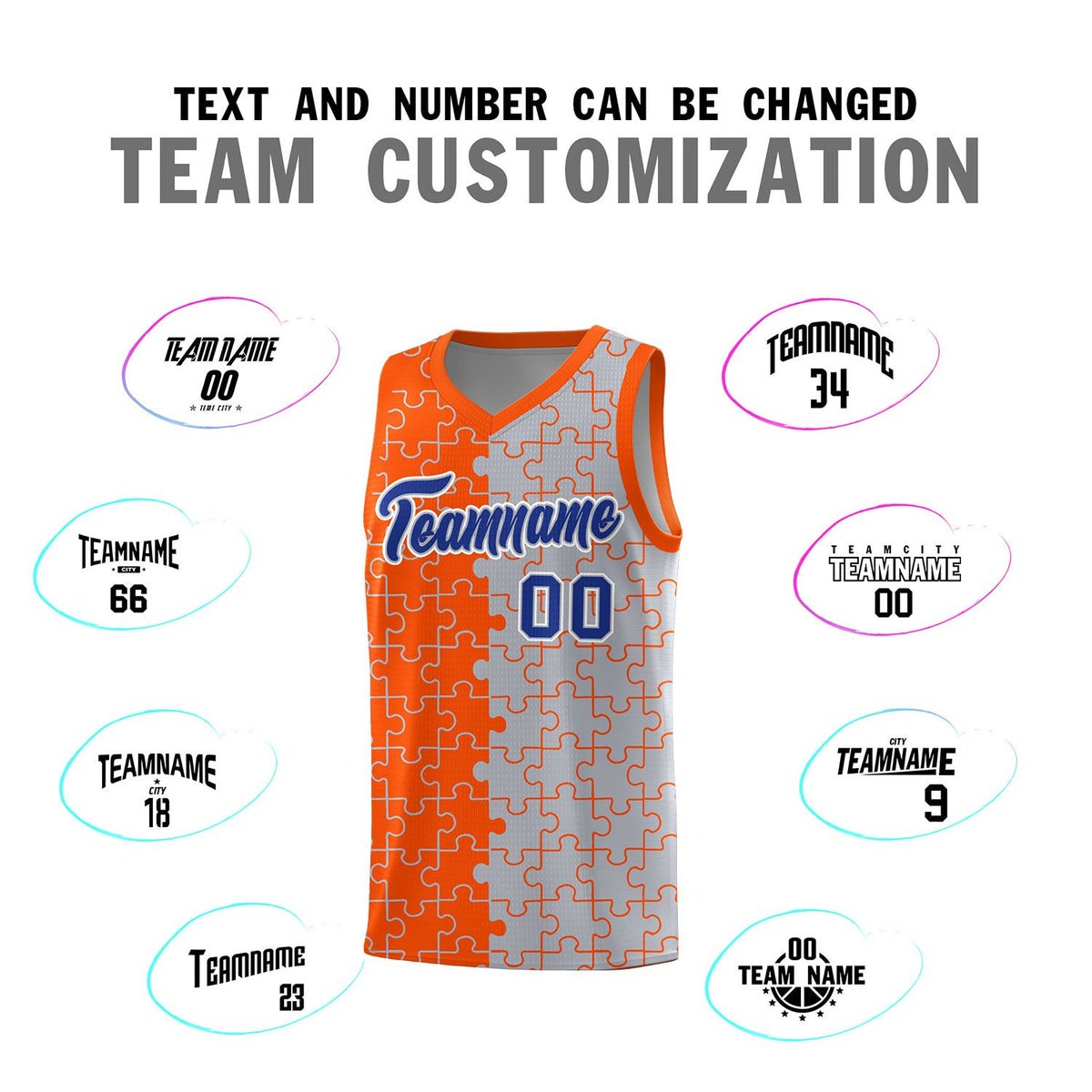 Custom Orange Gray Splid Basketball Kits With Puzzle Pattern