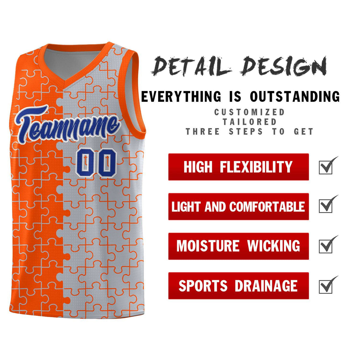 Custom Orange Gray Splid Basketball Kits With Puzzle Pattern