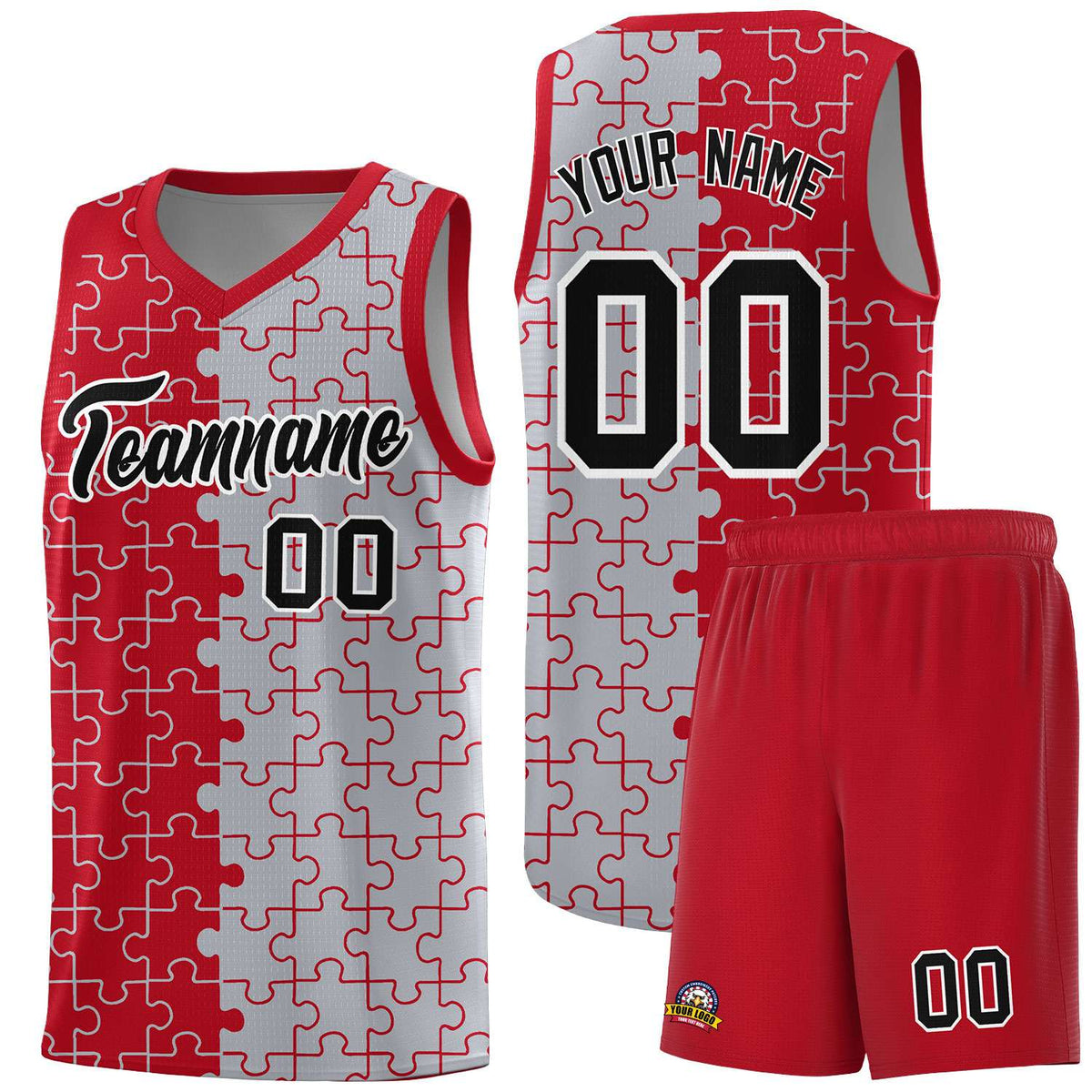 Custom Red Gray Splid Basketball Kits With Puzzle Pattern