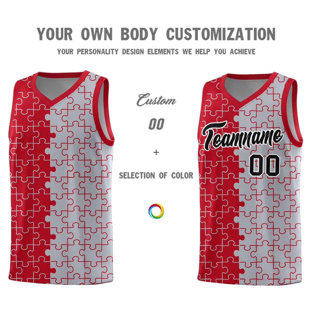 Custom Red Gray Splid Basketball Kits With Puzzle Pattern