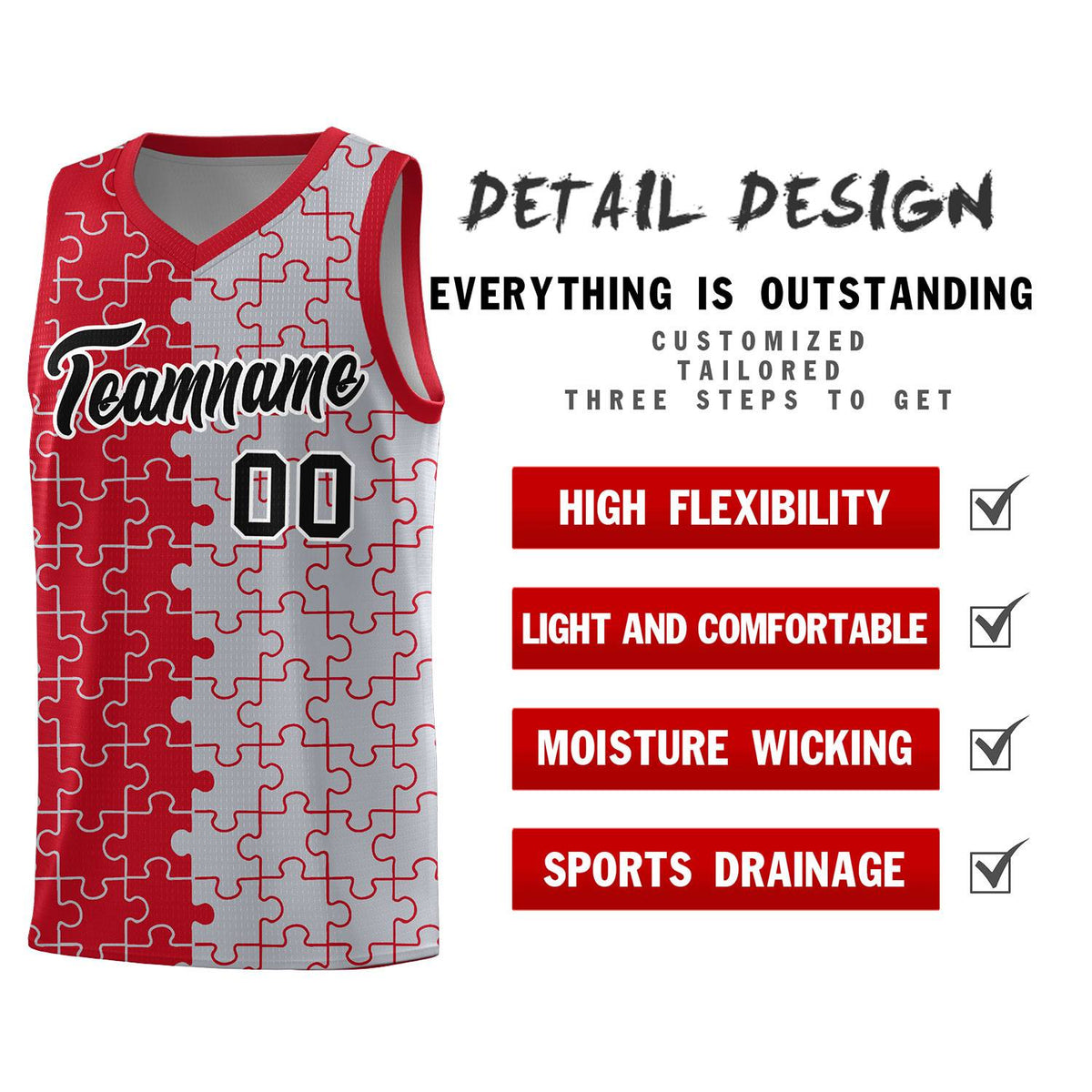 Custom Red Gray Splid Basketball Kits With Puzzle Pattern