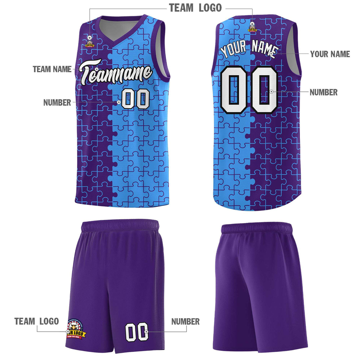 Custom Purple Light Blue Splid Basketball Kits With Puzzle Pattern