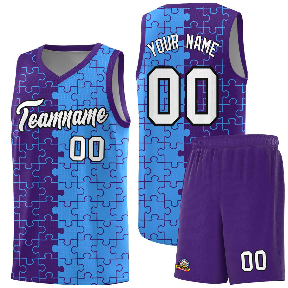 Custom Purple Light Blue Splid Basketball Kits With Puzzle Pattern