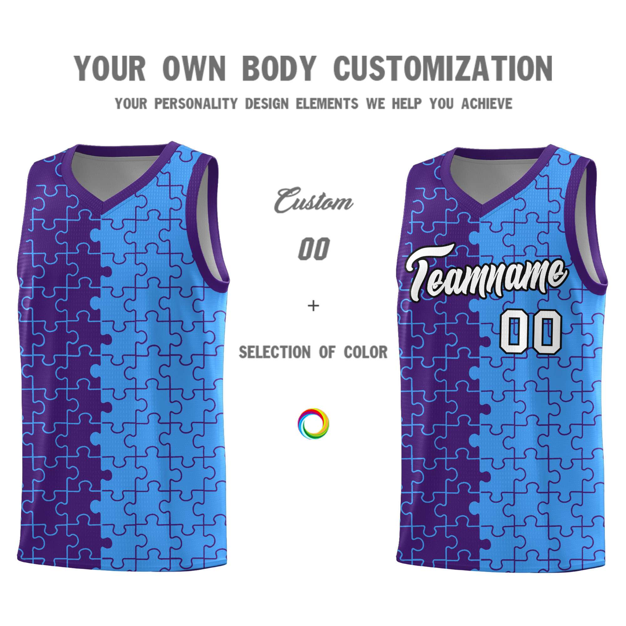 Custom Purple Light Blue Splid Basketball Kits With Puzzle Pattern