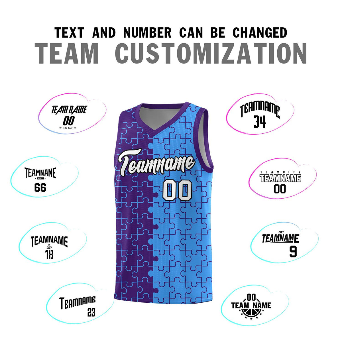 Custom Purple Light Blue Splid Basketball Kits With Puzzle Pattern