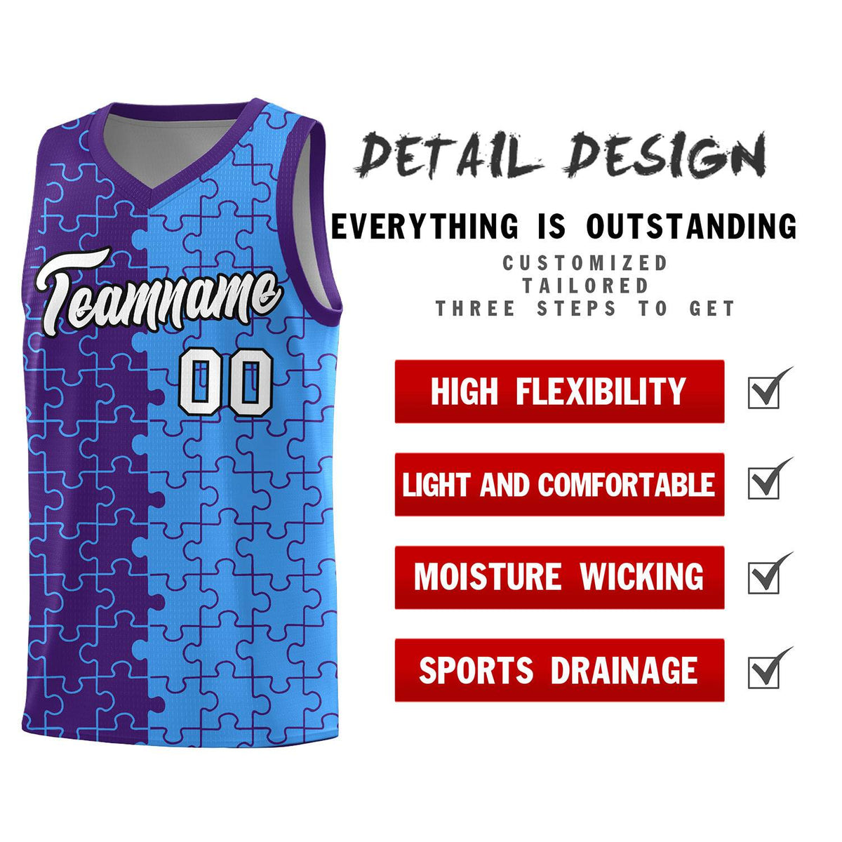 Custom Purple Light Blue Splid Basketball Kits With Puzzle Pattern