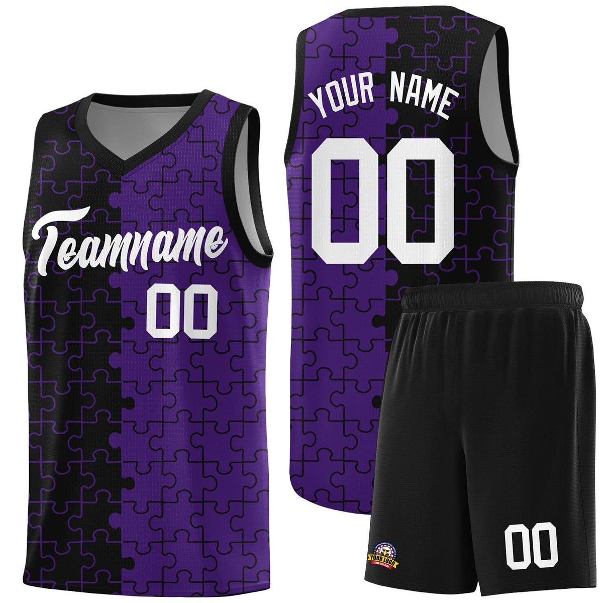 Custom Black Purple Splid Basketball Kits With Puzzle Pattern