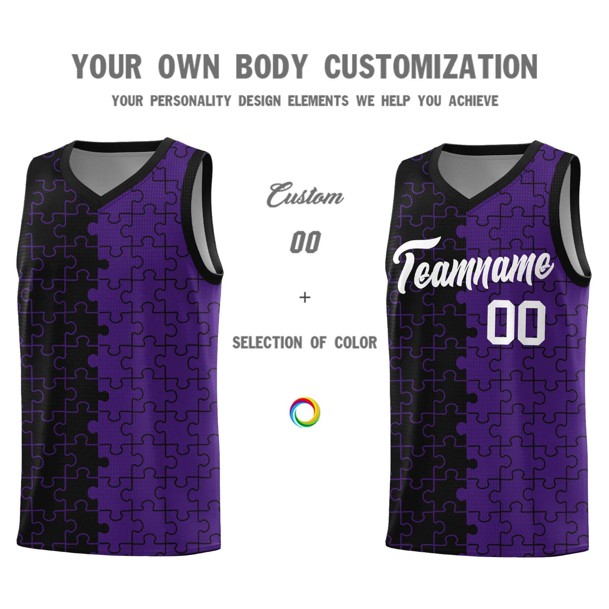 Custom Black Purple Splid Basketball Kits With Puzzle Pattern