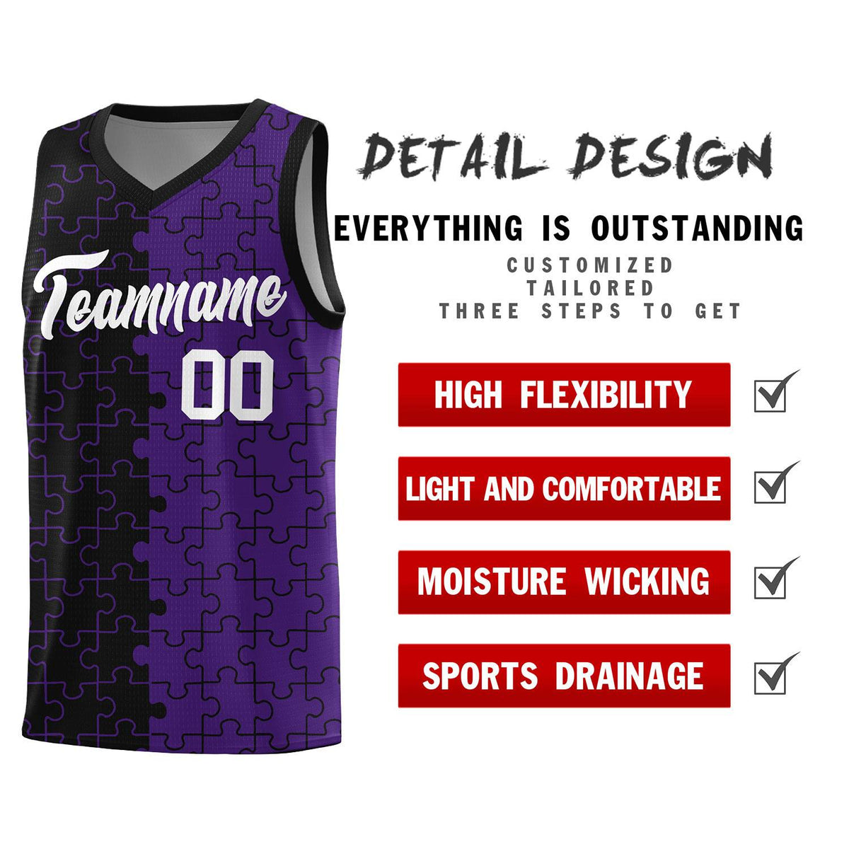 Custom Black Purple Splid Basketball Kits With Puzzle Pattern