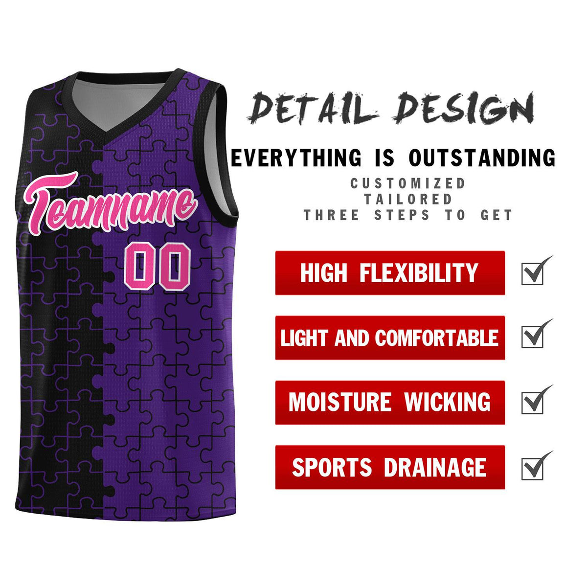 Custom Black Purple Splid Basketball Kits With Puzzle Pattern