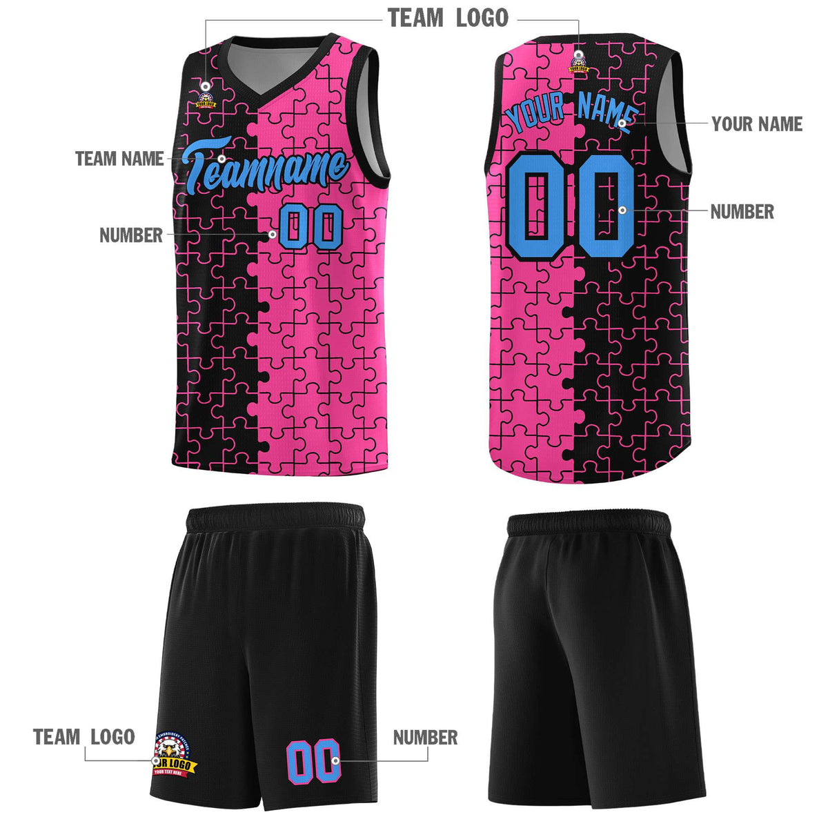 Custom Black Pink Splid Basketball Kits With Puzzle Pattern