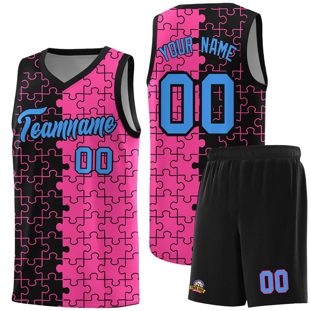 Custom Black Pink Splid Basketball Kits With Puzzle Pattern