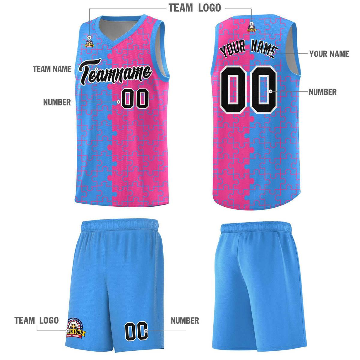 Custom Light Blue Pink Splid Basketball Kits With Puzzle Pattern