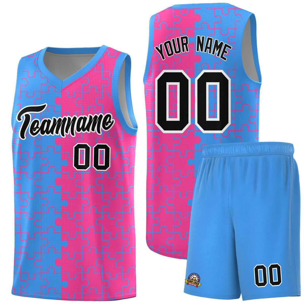 Custom Light Blue Pink Splid Basketball Kits With Puzzle Pattern
