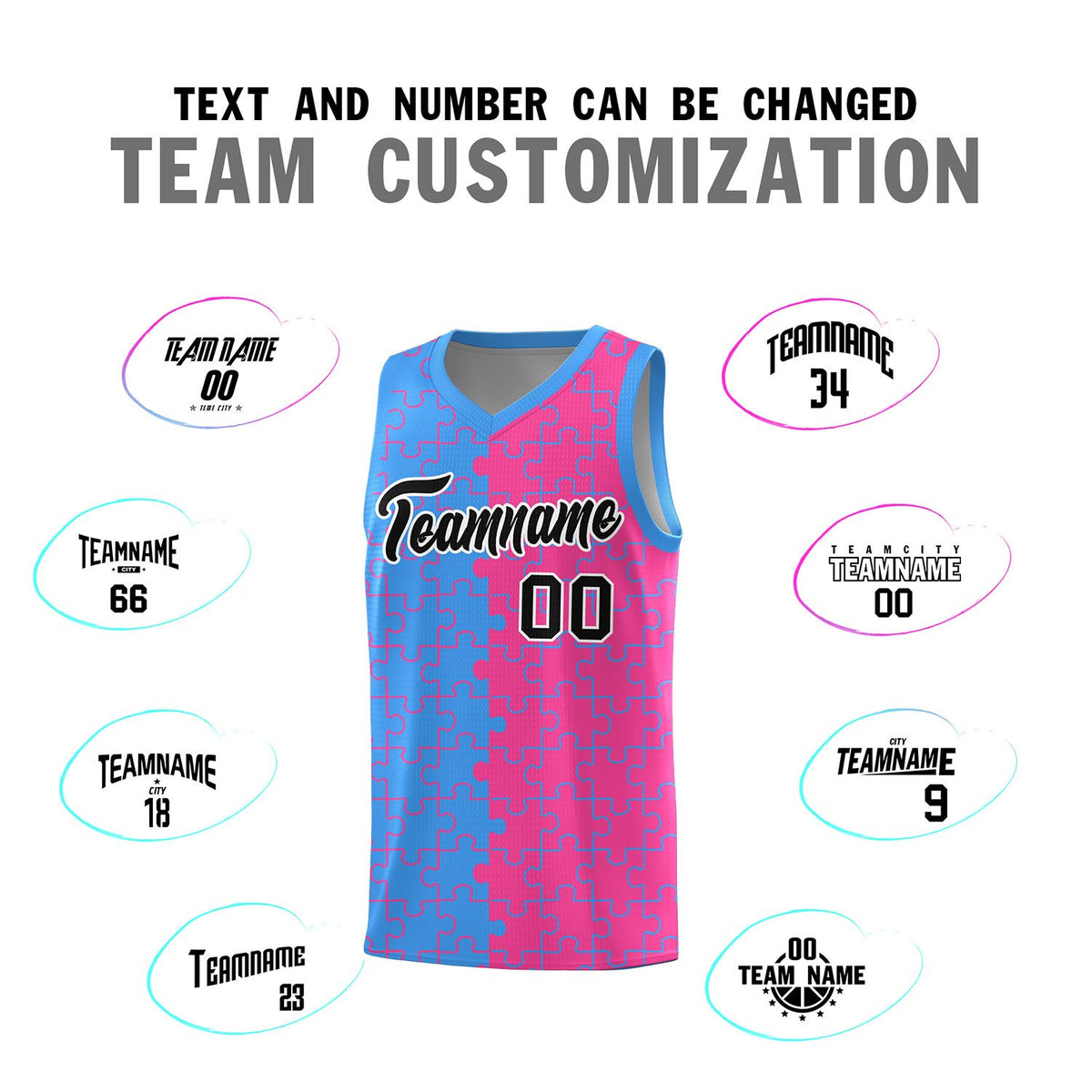 Custom Light Blue Pink Splid Basketball Kits With Puzzle Pattern