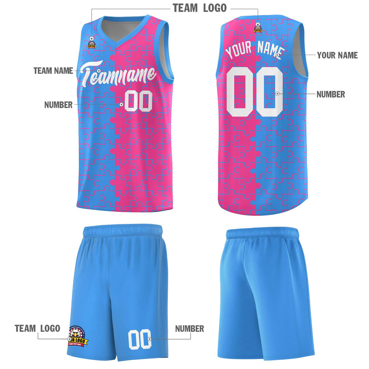 Custom Light Blue Pink Splid Basketball Kits With Puzzle Pattern