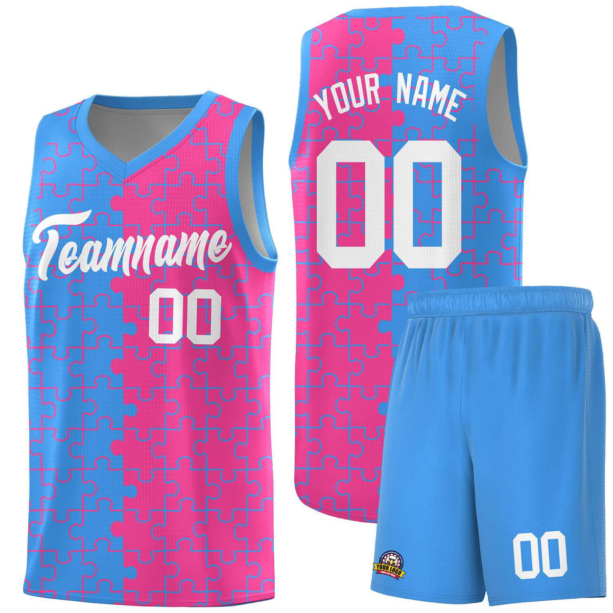 Custom Light Blue Pink Splid Basketball Kits With Puzzle Pattern