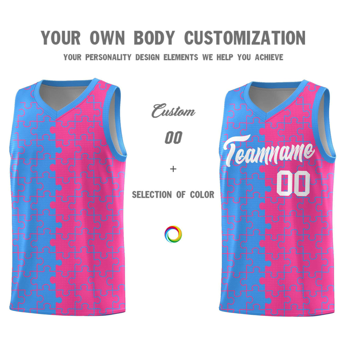 Custom Light Blue Pink Splid Basketball Kits With Puzzle Pattern