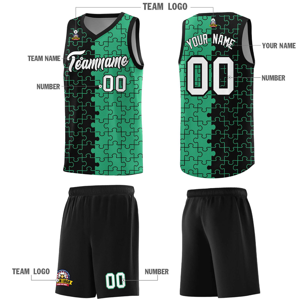 Custom Black Green Splid Basketball Kits With Puzzle Pattern