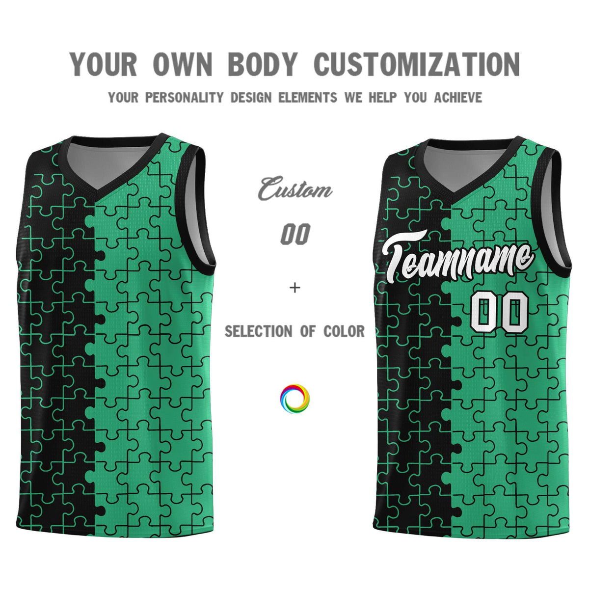 Custom Black Green Splid Basketball Kits With Puzzle Pattern