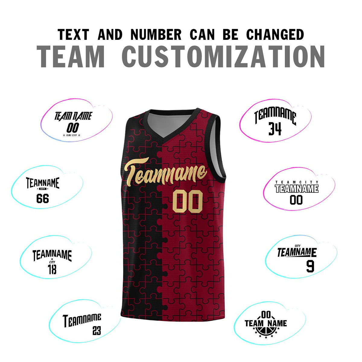 Custom Black Crimson Splid Basketball Kits With Puzzle Pattern